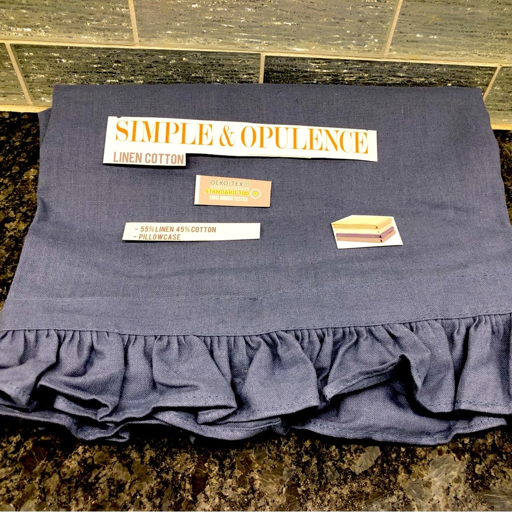Standard Linen Blend Pillowcase Set in Blue, Ruffled Trim Simply & Opulence New
